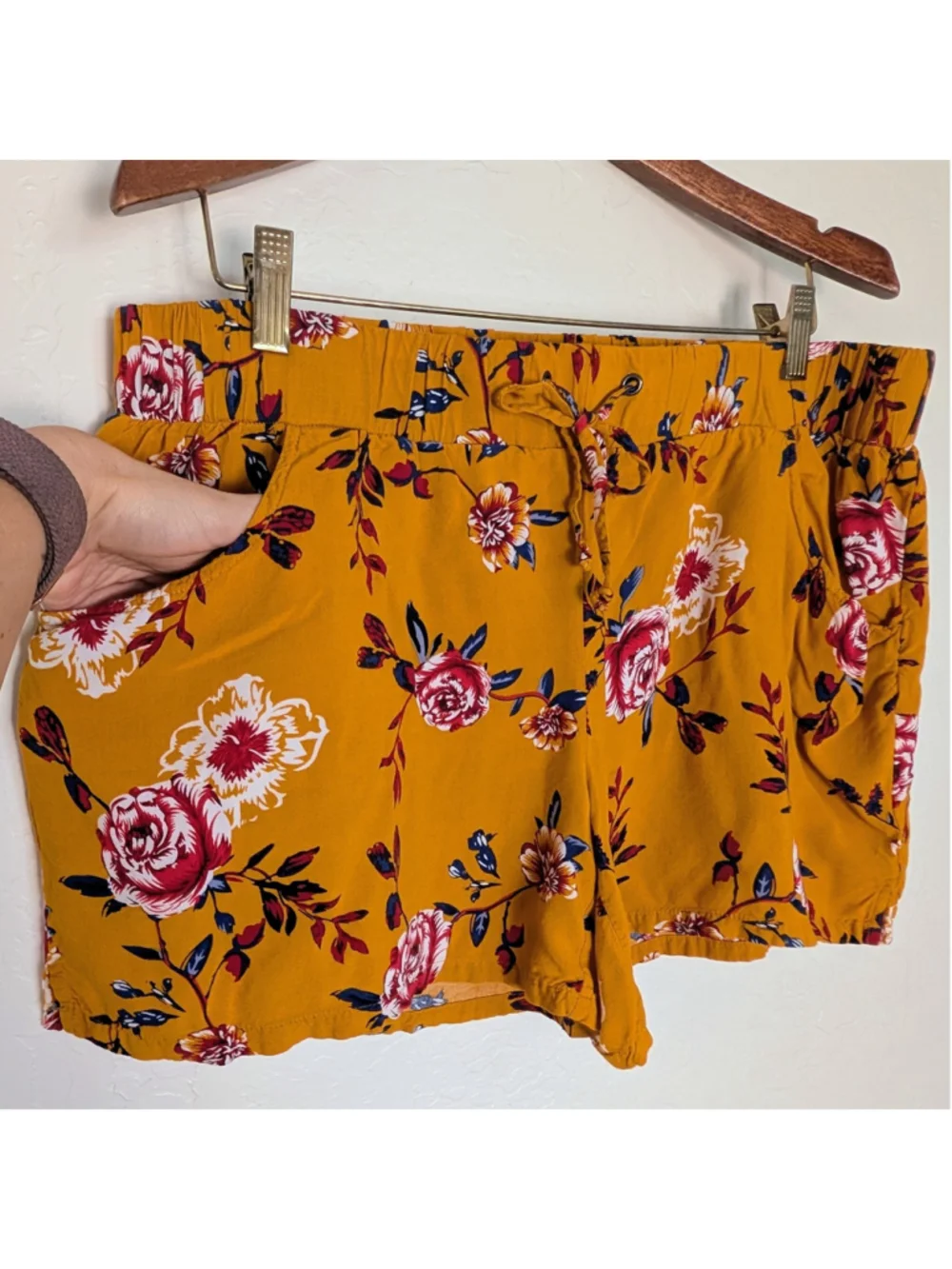 Grace & Lace XL Mustard Floral Boho Drawstring Shorts Flowy Summer